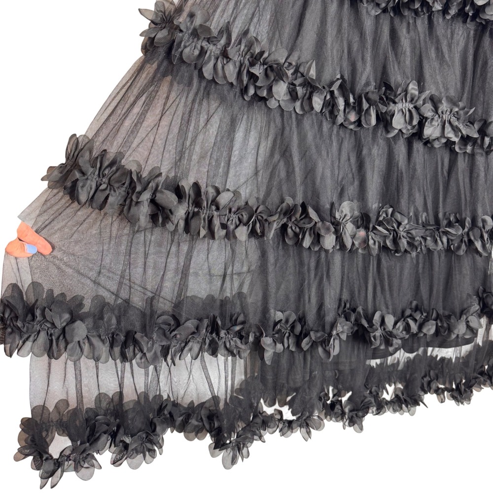 Faeriesty Whimsigoth Dark Fairy Black Tulle Tiered Maxi Skirt 3D Floral Sz L - Picture 4 of 10